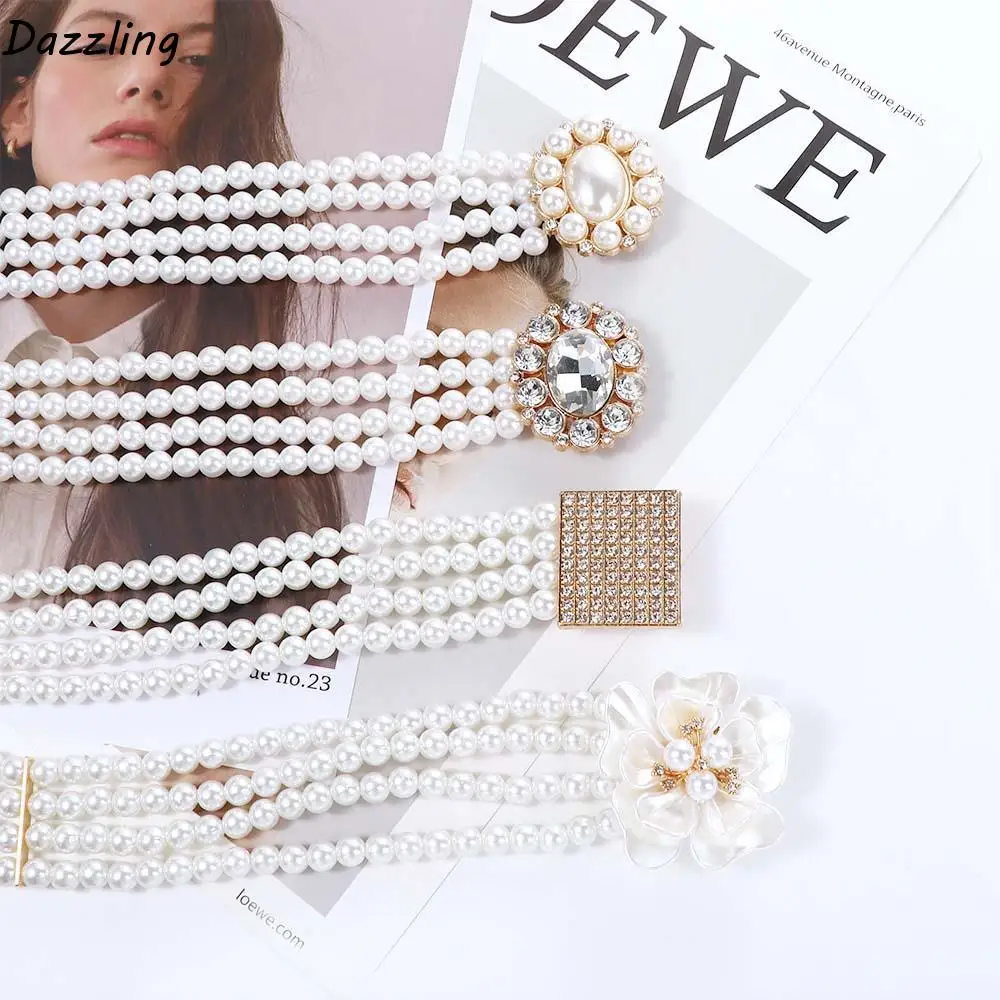 

Long Adjustable Flower Elastic Metal Buckle Crystal Korean Belt Dress Decoration Faux Pearl Women Waistband