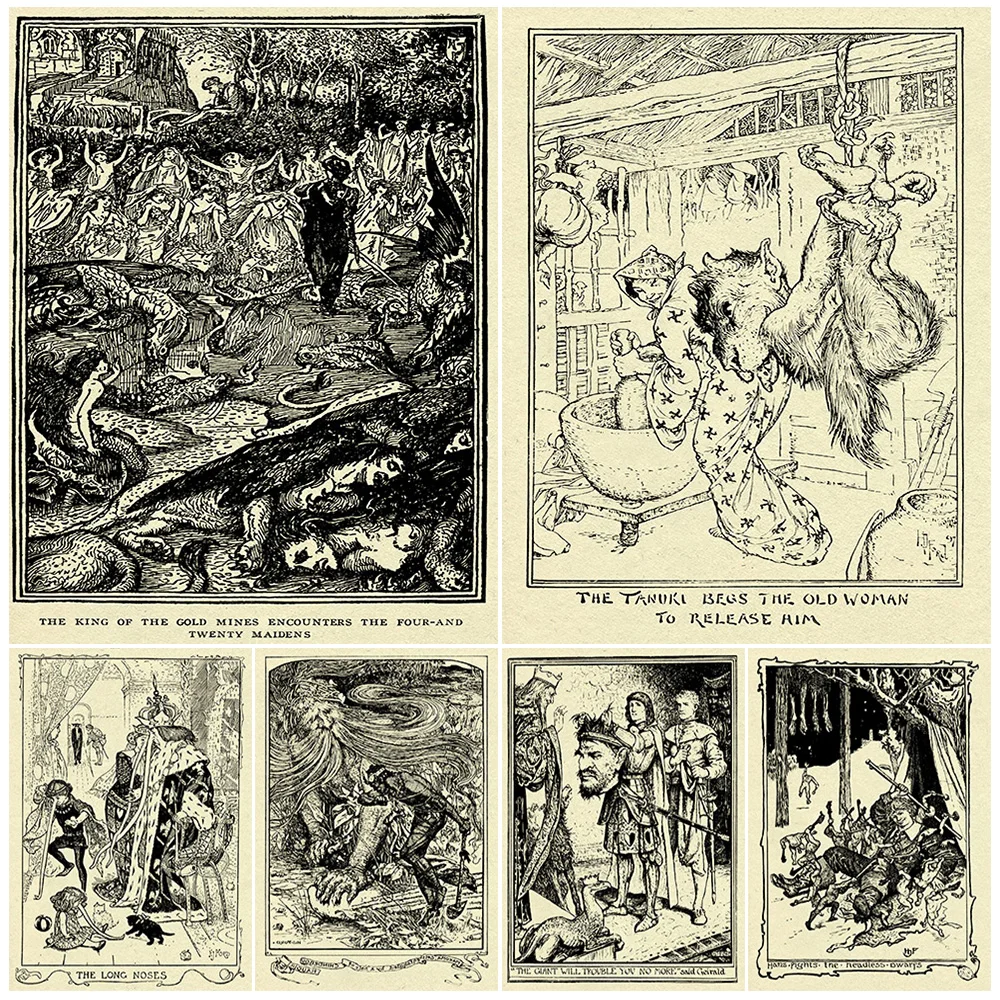 

Ancient Fairy Tale Picture Books Vintage Wall Art Canvas Painting Four-And Twenty Maidens,Headless Dwarf,Art Poster Print Decor