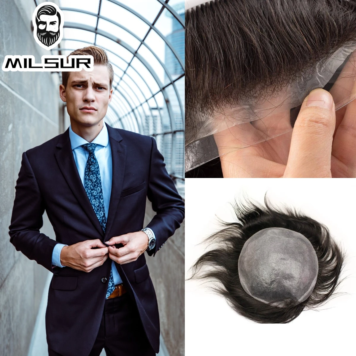 

Male Hair Prosthesis 0.12-0.14mm V-Loop Full PU System Unit Durable Men's Wig 120% Density Breathable Human Hair Systems