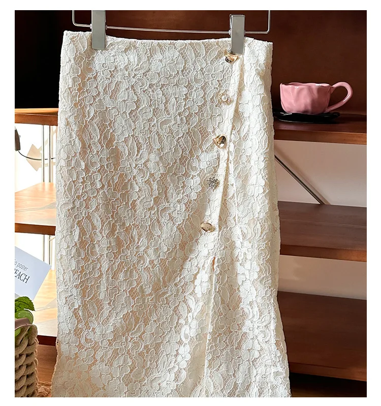 OL White Skirt Women 2024 New in High Quality Button High Waist Wrapped Hip Side Split Mid Length Long Lace Skirt Clothes Y2k