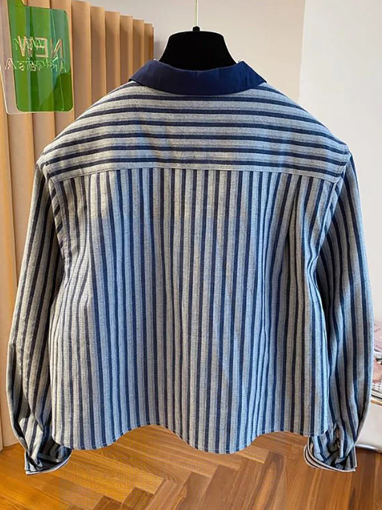 

Retro Turndown Collar Striped Long Sleeved Shirt For Women Spring Autumn New Loose Short Top Classic Single Breasted Blouse