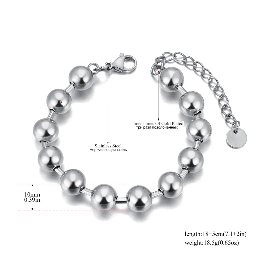 Lokaer Trendy Stainless Steel 8/10mm Round Beads Chain Bracelet for Women 18K Gold Plated Party Jewelry Браслет pulseras B24093