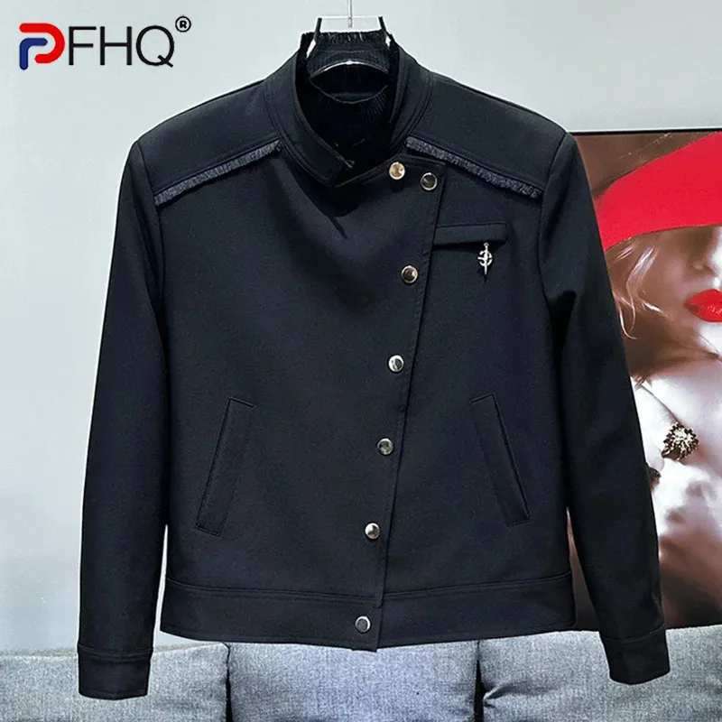 PFHQ Autumn Winter Korean Casual Versatile Buckle Design Stand Up Collar Short Jacket Popular Darkwear Male Tops Fashion 21Z6094