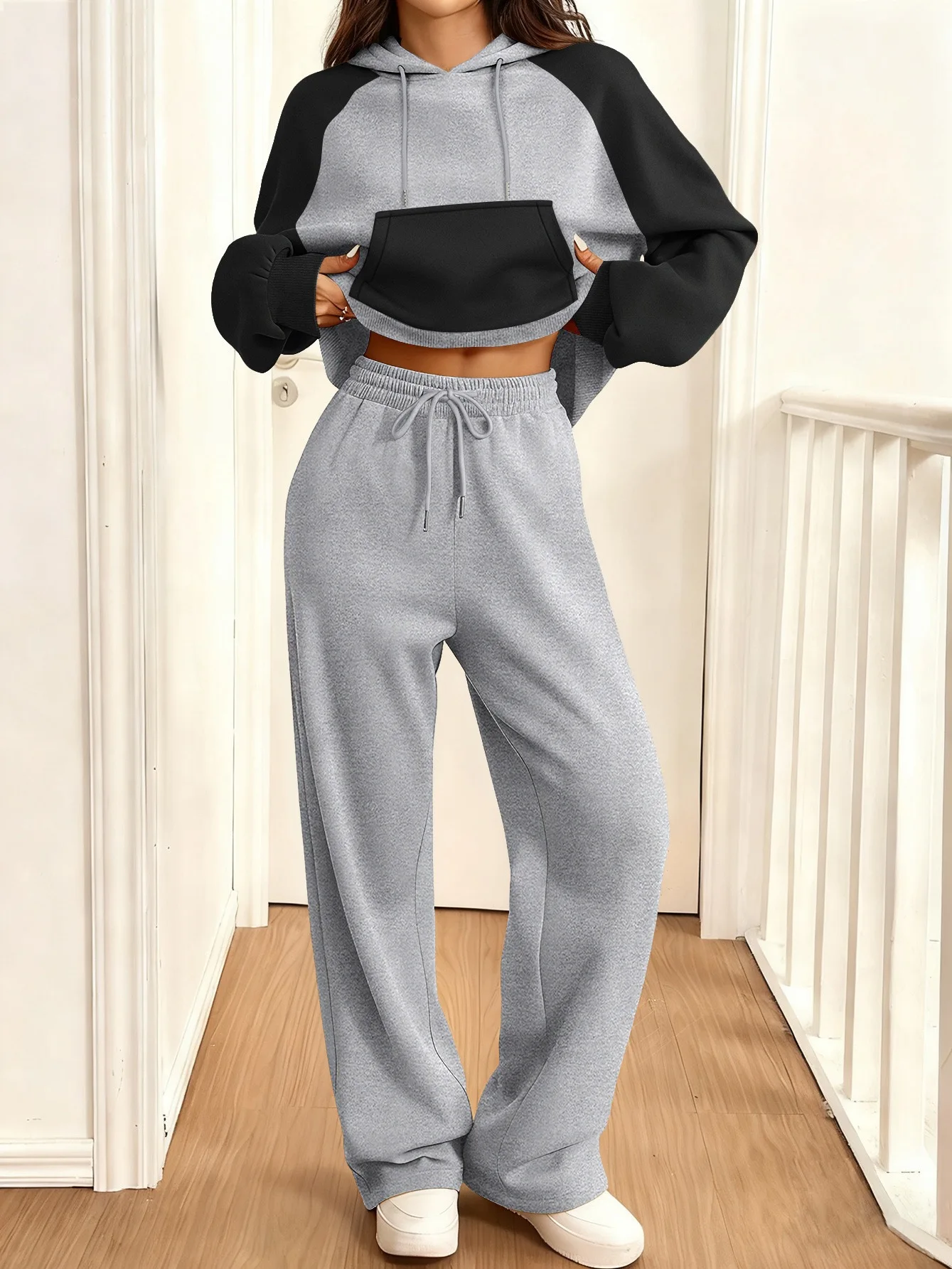 Dames sportkleding set herfstmode warm sweatshirt met capuchon tweedelige set losse kleur geblokkeerd casual sweatshirt met capuchon broek co