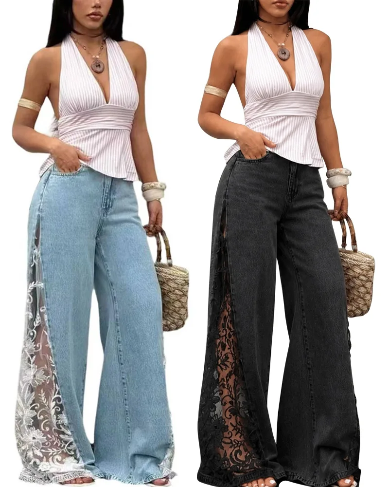 D8785 European and American Export Women's Stretch Denim Jeans with Color-Blocking Lace Paneling Wide-Leg Design