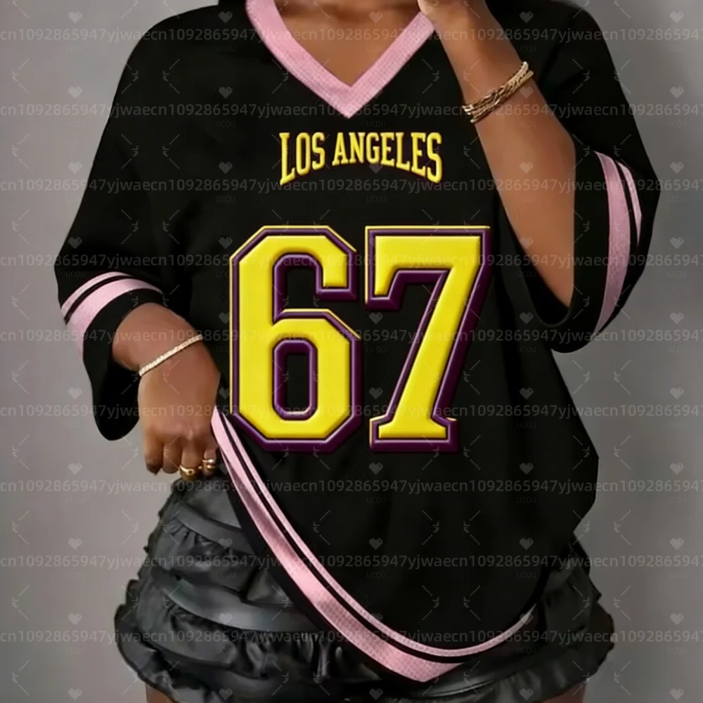 2026 Neu Damen Los Angeles Print V-Ausschnitt Nr. 67 Kurzarm Mesh-T-Shirt Sommer-Tee Trikots Übergröße Herren Sport-T-Shirt