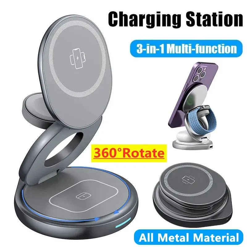 360 Rotate 3 In 1 Foldable Magnetic Wireless Charger Stand Fast Charging Station for iPhone 15 14 13 12 Pro Max IWatch Airpods 3