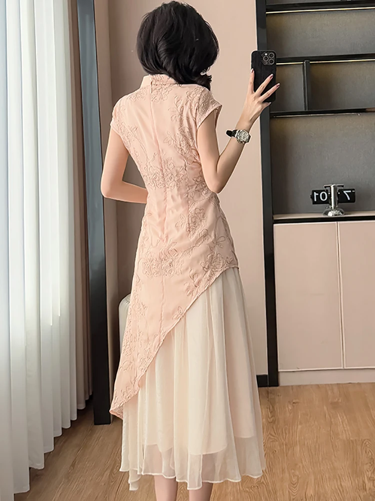 Été rose broderie florale Patchwork à volants longue robe femmes coréenne élégante robe de luxe robe 2025 nouvelle robe de soirée moulante