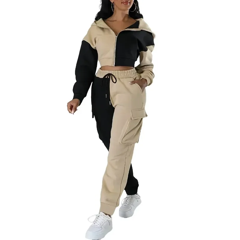 

Women Loose Autumn Winter Two Pieces Suit Matching Sets Hoodie Tracksuit Blocked Zipper Short Outerwear Drawstring Cargo Pants