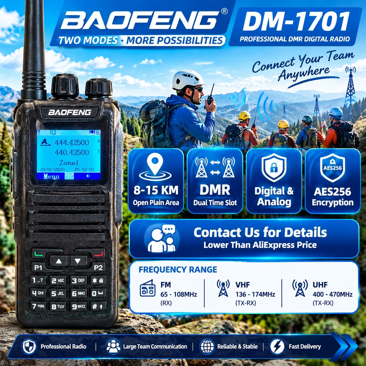 DMR Digital Walkie Talkie Dual Time Slot Digital Analog Two Way Radio AES256 Encryption Long Range Communication