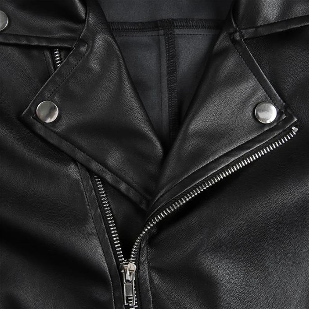 Vangull Faux Leather Cropped Jackets Women Punk Harajuku Black Coat Woman Gothic Long Sleeve Overcoat With Chains Outwears Tops