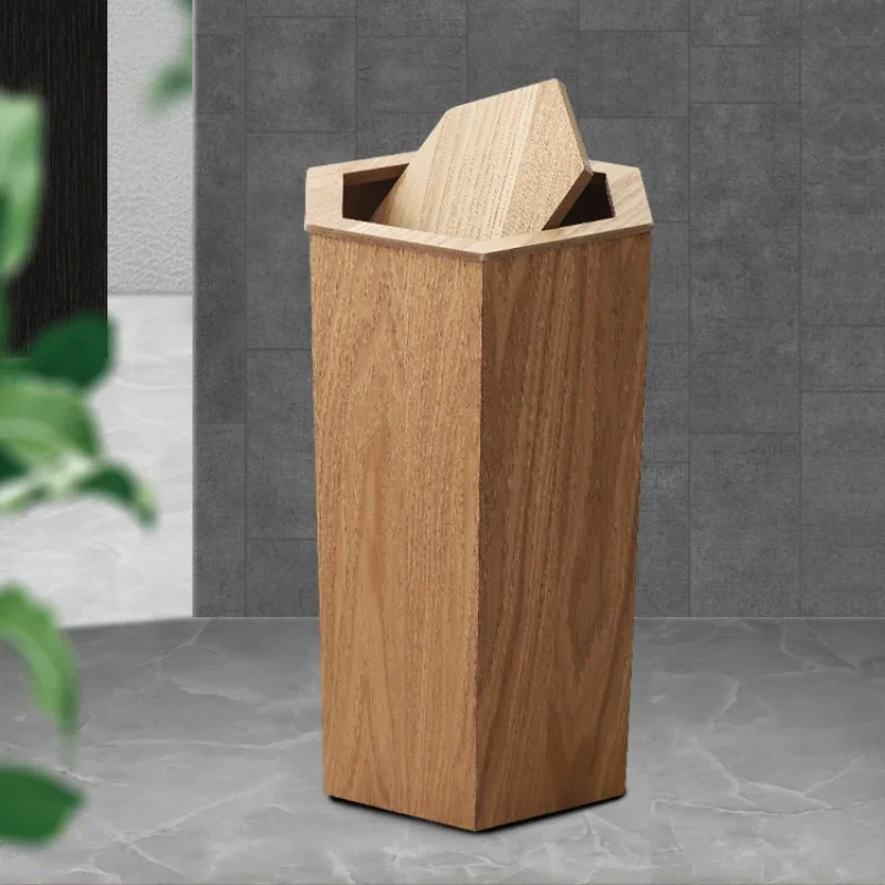 

Creative Wooden Trash Bin with Cover Nordic Luxury Bathroom Trash Can Hotel and Home Waste Disposer