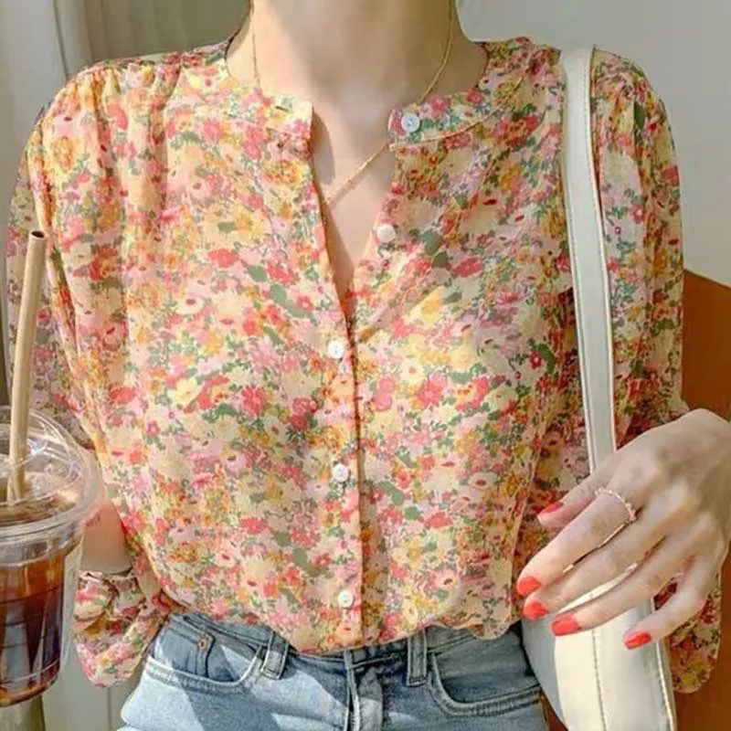 Fashion Stand Collar Printed Button Chiffon Floral Shirts Women\'s Clothing 2024 Spring New Loose All-match Tops Casual Blouses