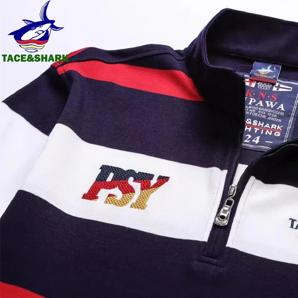 TACE&SHARK High Quality American British Royal Royal Sport Embroidered Stand Collar Polo Shirt Men\'s Long Sleeves Striped Tops