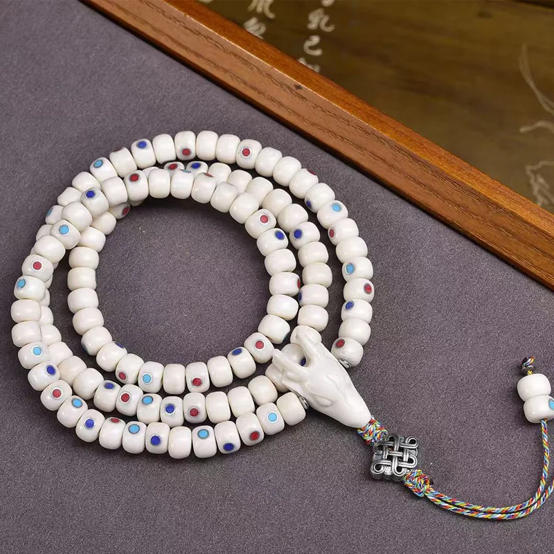 Reflow Bone Old Inlaid Multi-Treasure 108 Buddha Beads Necklace Three-Seven Silver Accessories
