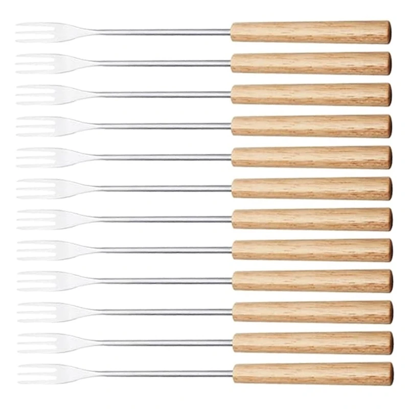 

12 Piece Fondue Fork Grilling Set Muddler Reusable Fruit Forks Bbq Fork Dipping Wood + Stainless Steel For Cocktails Set