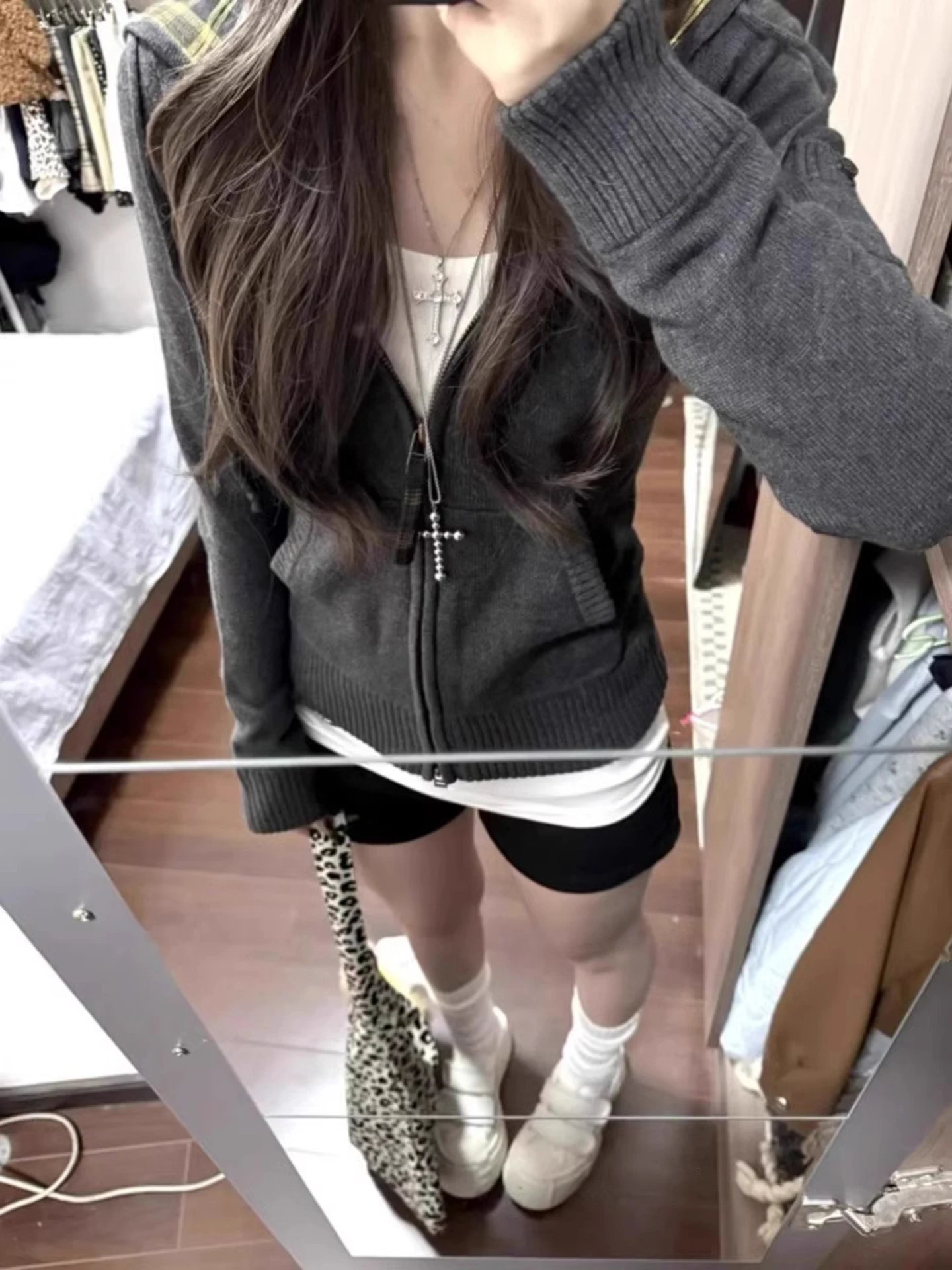 Retro Plaid Hooded Grey Knitted Cardigan Women's Slim Fit Korean Style Spring Top Warmth Feels Soft Long Sleeve Knitwear