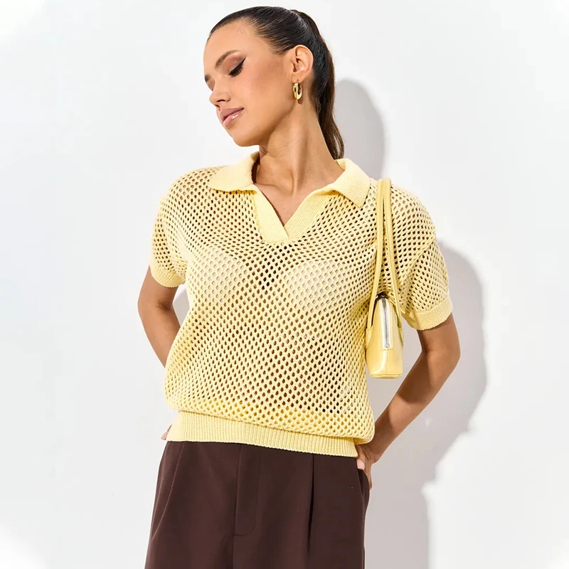 

TARUXY Casual Knitted Openwork T-Shirt Women's Fashion Lapel Solid Summer Short Sleeved Knit Top Female Loose Commuting T-Shirt