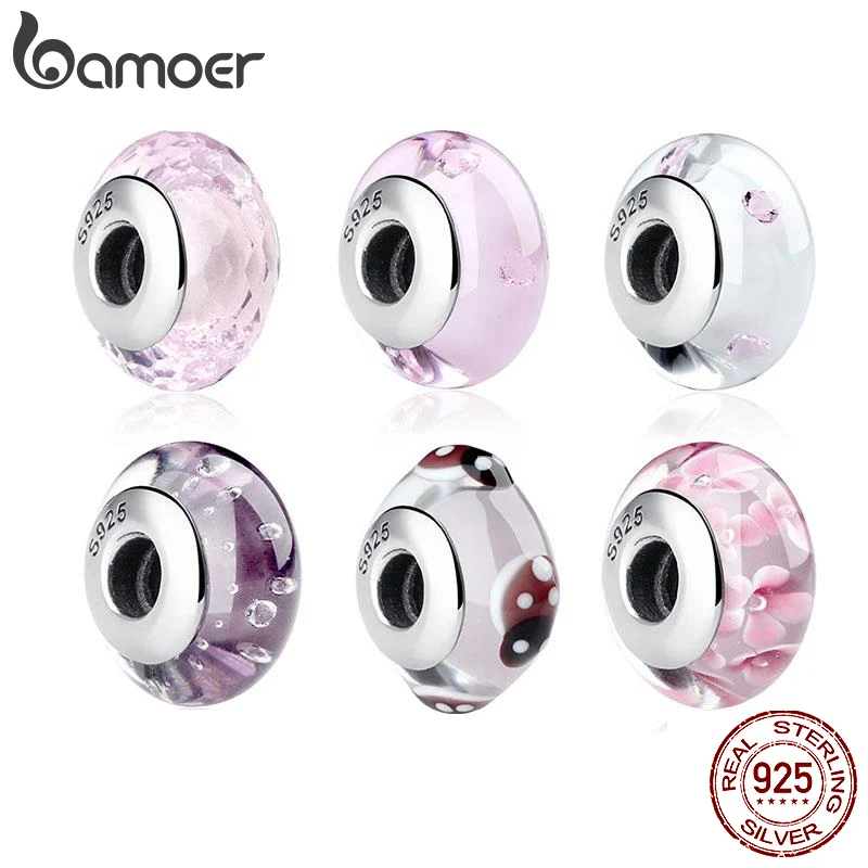 BAMOER 925 Sterling Silver Lovely Pink Flower European Murano Glass Charm Beads for DIY Charm Bracelets Christmas Gifts SCZ001