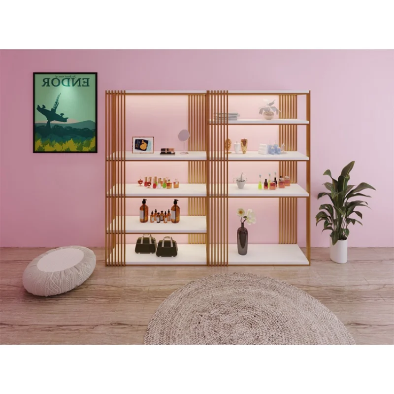 Aangepaste, Moderne Winkel Armatuur Schoenentas Skincare Beauty Product Display Plank Met Led Licht