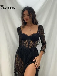 Yiallen Y2k Fashion Party Vacation Beach Sexy Black Lace Long Dress Women's Spring Quarter Sleeve Mid-Calf Dresses Clubwear