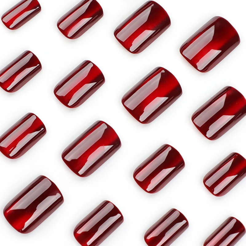 24pcs Red Cat\'s Eye Short Square Press On Nails Full Cover Fake Nails for Women and Girls with Nail File and Jelly Glue