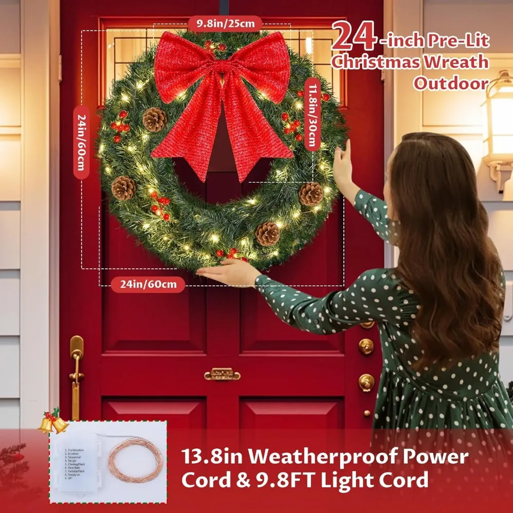 Christmas Wreaths for Front Door - 24inch Christmas Wreath with Lights 60led