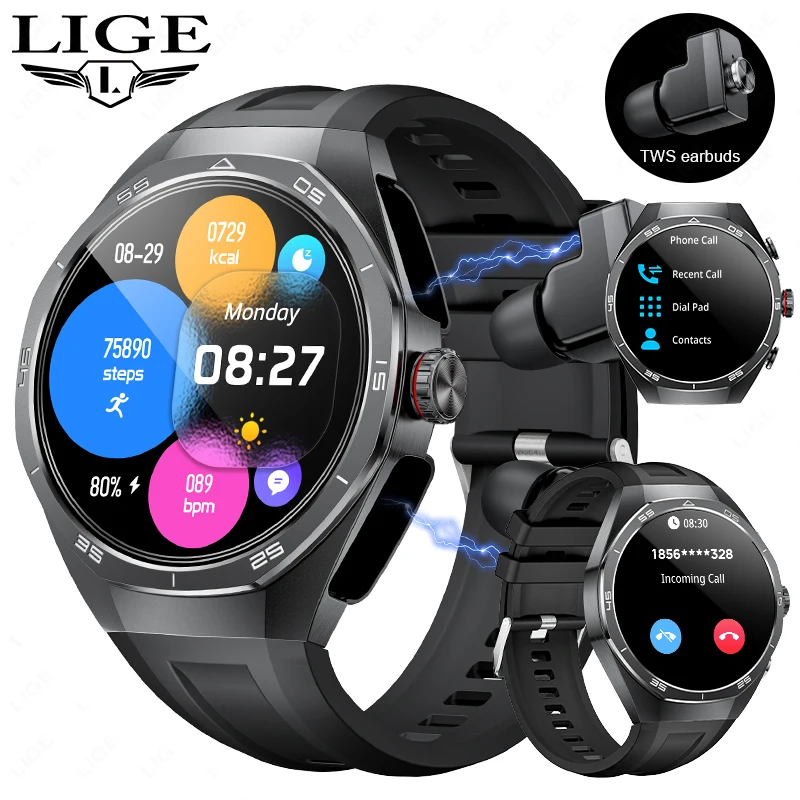

LIGE New 2 In 1 Smart Watch With Earbuds NFC Smart Watch TWS Bluetooth Earphone Heart Rate Blood Pressure Monitor Smartwatch Men