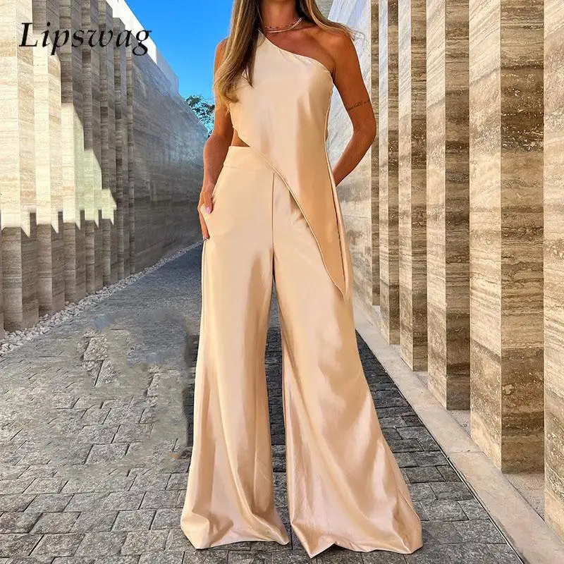 Fashion Solid Irregular Tops Elegant Set Sexy One Shoulder Slant Collar Party Two Piece Set Women High Waist Wide Leg Pants Sets