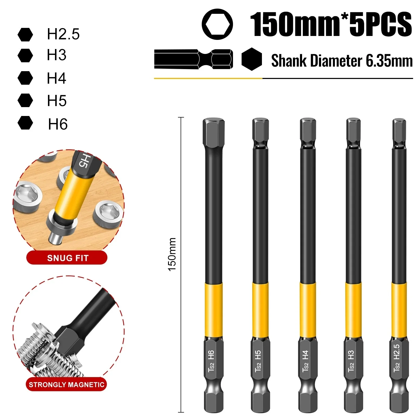 Sechskant-Schraubendreher-Bit-Set, Inbusschlüssel mit magnetischer Spitze, 50/100/150 mm, H1,5-H10, metrischer Sechskantschlüssel, Reparaturwerkzeug für elektrische Schlagschrauber – Detail 10