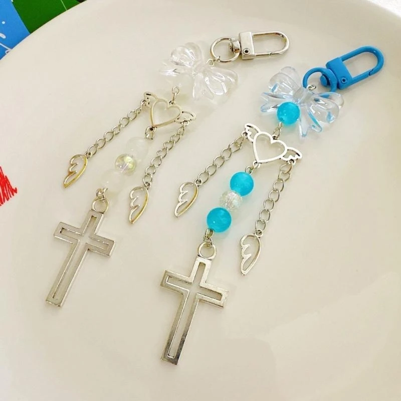 أنيقة الفراشة Bowknot Heart Termic Crosss سحر سلسلة المفاتيح في سبيكة بيضاء