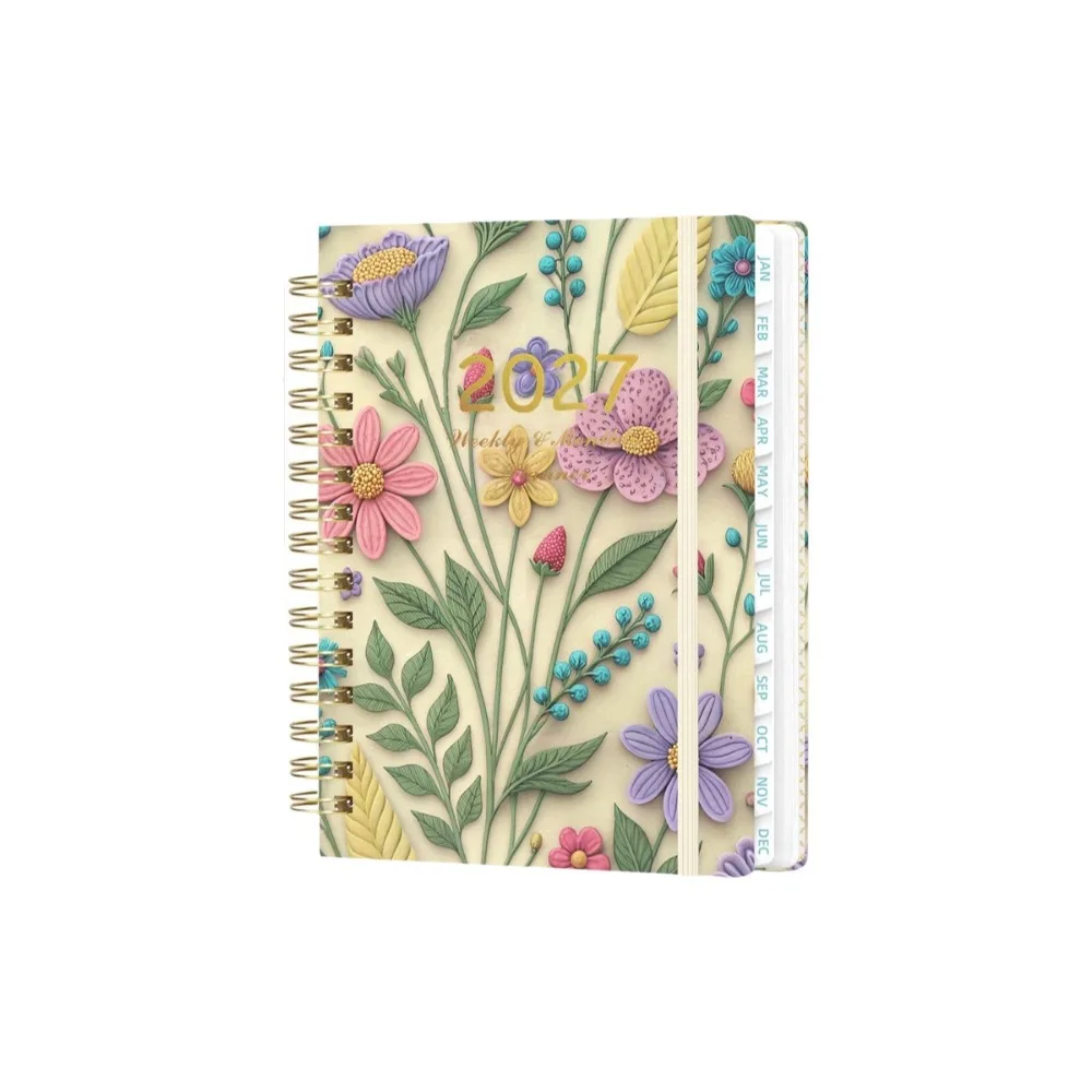 A5 2027 Planner Notebook Spiral Bound Floral Pattern A5 Agenda Book Portable with Monthly Tabs Inner Pocket