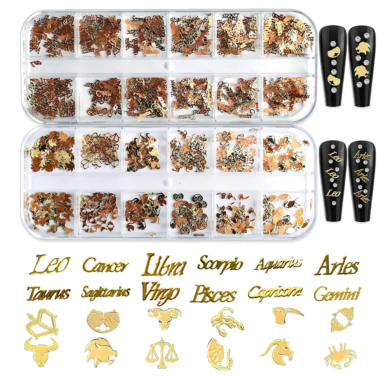 12 กริด Zodiac เล็บ Charms Flakes 600 ชิ้นผสม 12 Constellation รูปแบบ Zodiac Words ตัวอักษร 3d Nail Art Charms เลื่อมโลหะผสม