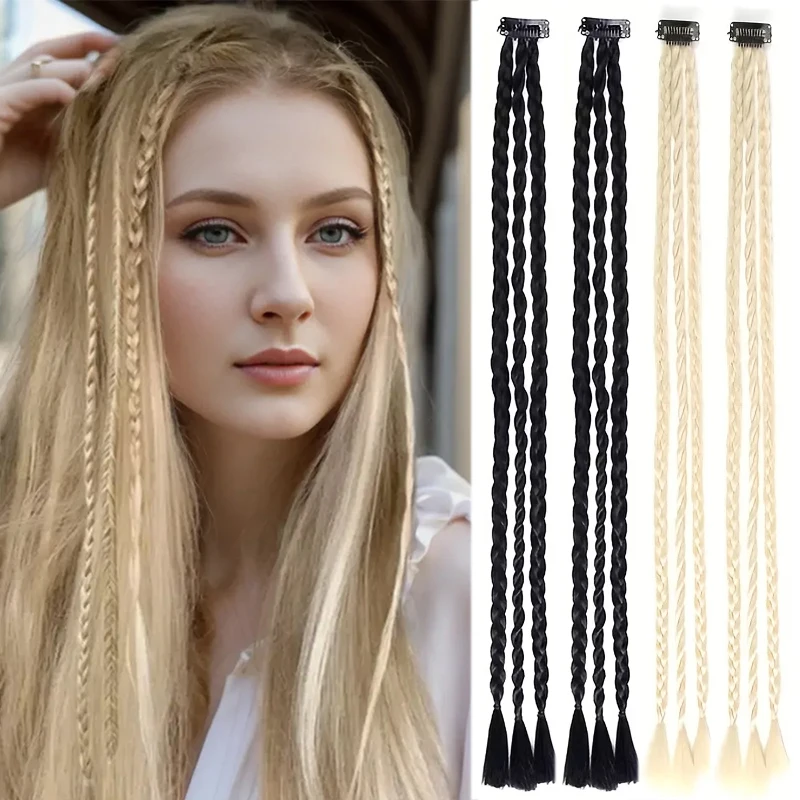 2Pcs Clip‑in Y2K Boxer Braid Ponytail One Clip Three Braids Long Synthetic Fake Hair Extensions For Women
