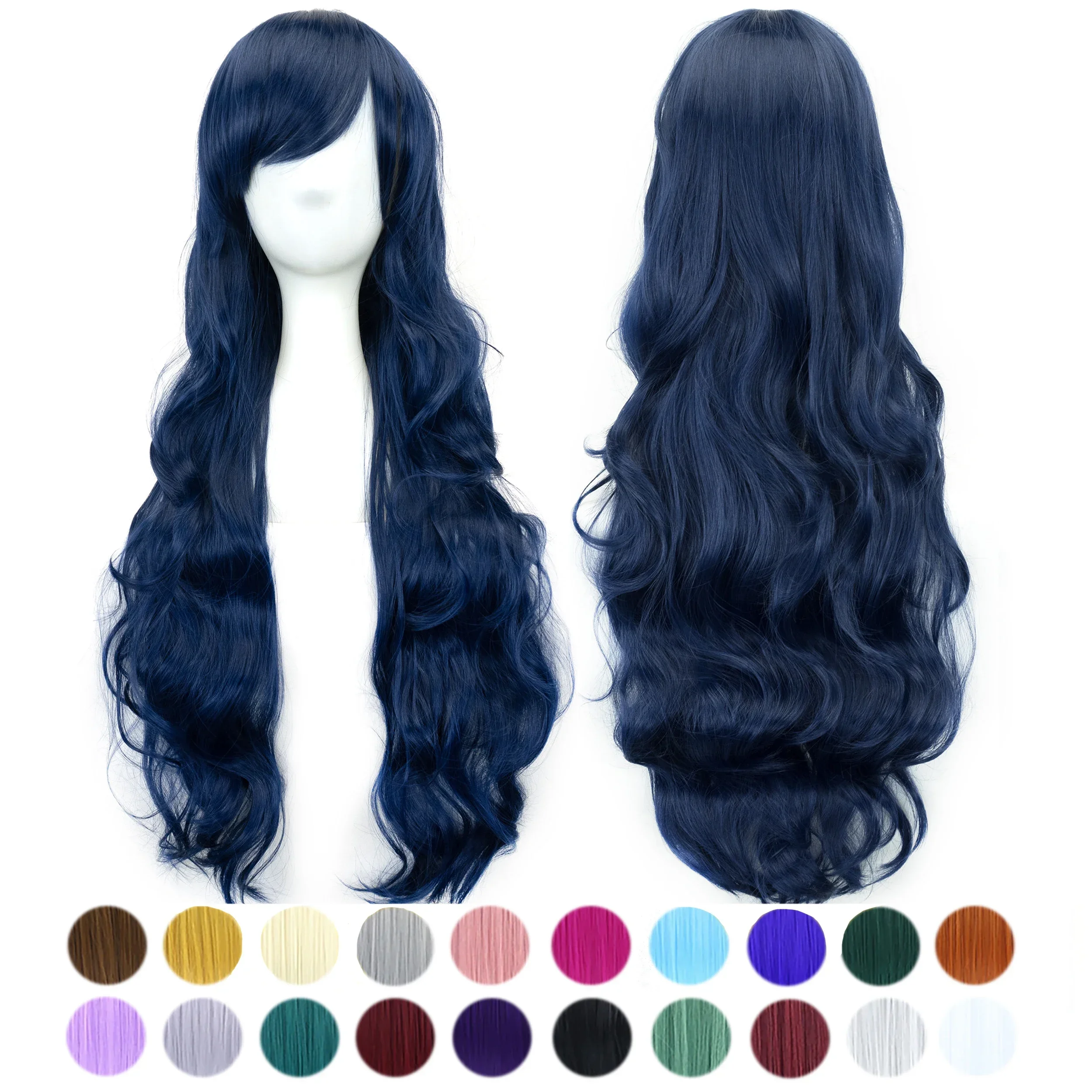 

30 Colors Long Wavy Synthetic Hair Dark Blue Cosplay Wig with Bangs Colorful Halloween Costume Wigs for Girls