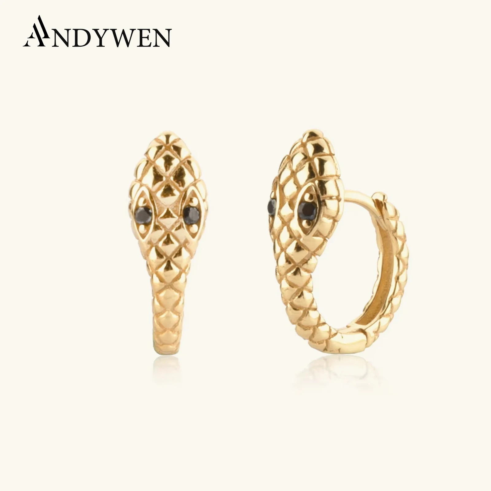

ANDYWEN 925 Sterling Silver Gold Snake Circle Huggies Hoops Women Fashion Luxury Jewelry 2020 Rock Punk Crystal Loops Piercing