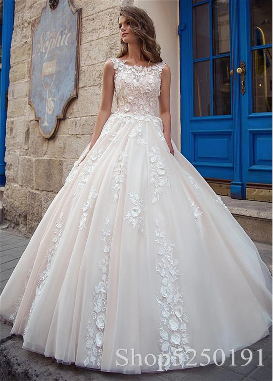 Vestidos de novia sin mangas con escote redondo, vestidos de novia de encaje con apliques de tul, 2021