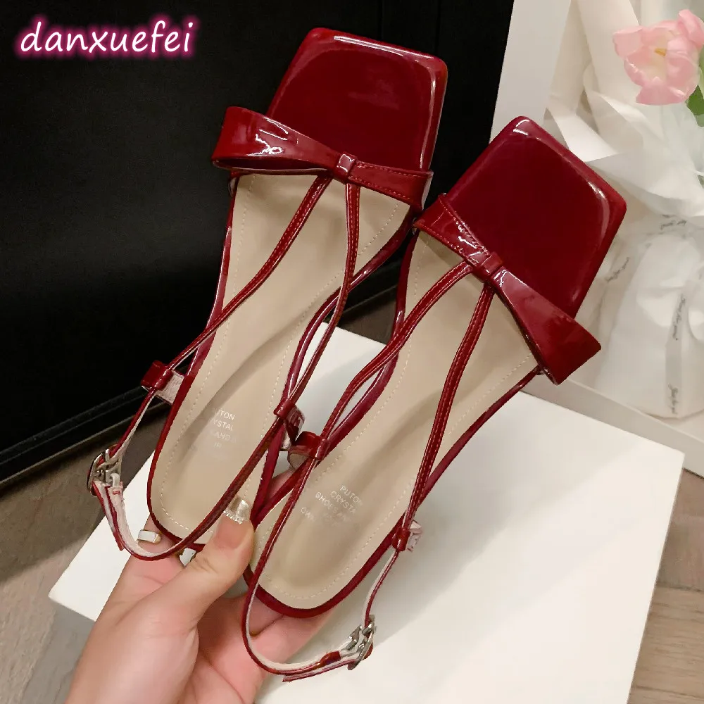 danxuefei women\'s patent leather narrow band thin high heel cross strap sweet bowtie sandals elegant ladies summer pumps shoes