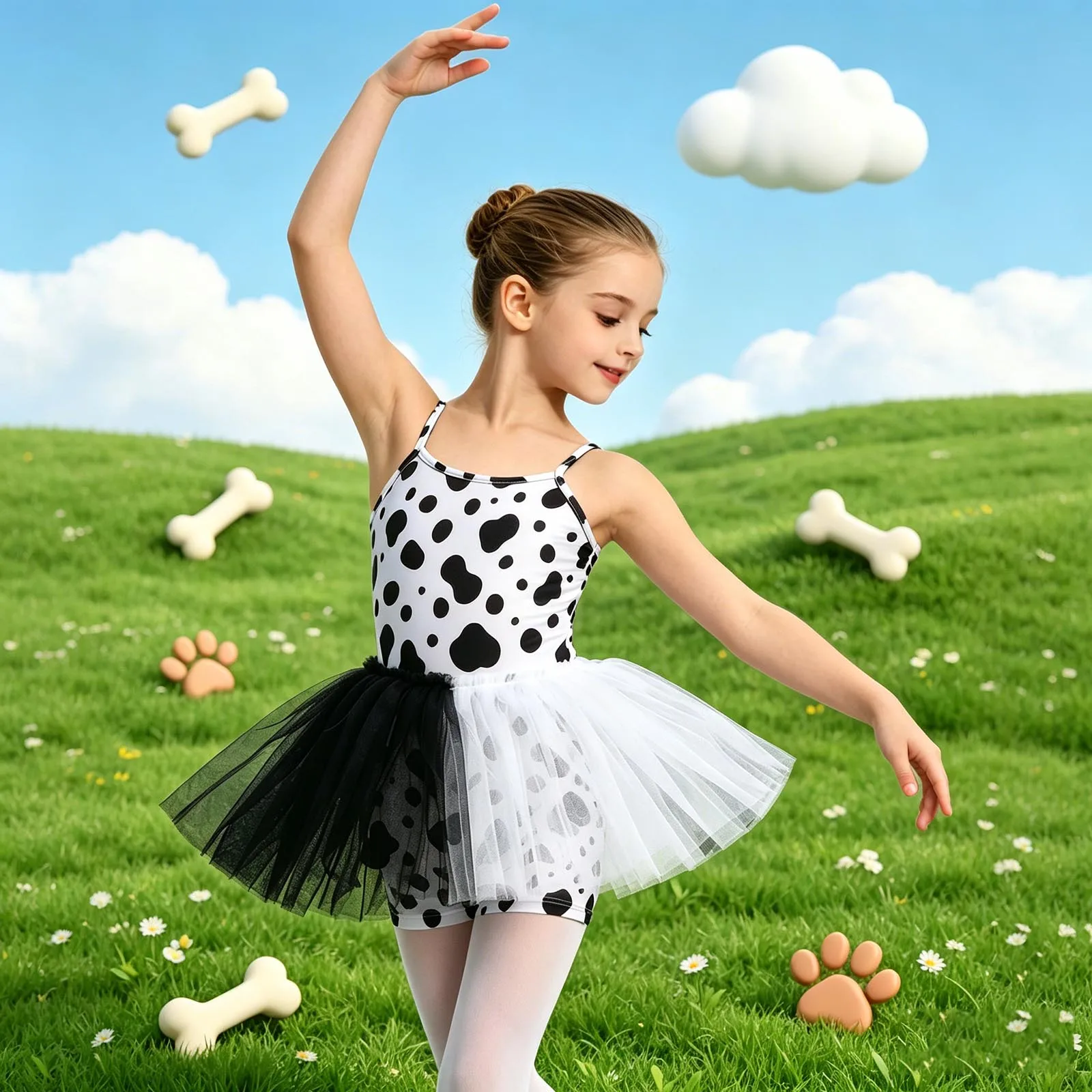 

Girls Dalmatian Dog Fancy Dress Bodysuit Adjustable Spaghetti Strap Ruffle Mesh Overlay Jumpsuit for School Themed Costume Party
