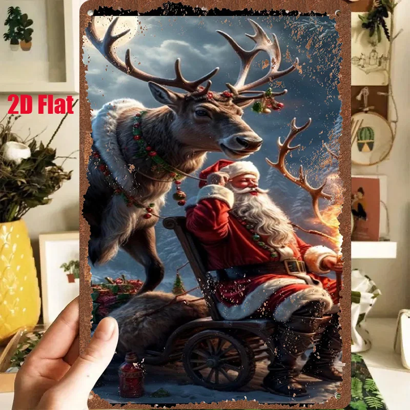 2D Flat - 1pc 2D[Flat] Metal Sign Retro Tin Painting: Warm Scene of Santa Claus And Reindeer, Suitable for Holiday Decoration, A