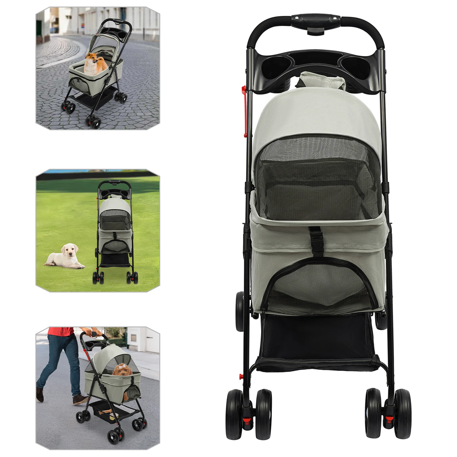 

4 Wheels Pet Dog Cat Stroller Portable Pet Cart Foldable Detachable Puppy Carrier with Storage Basket