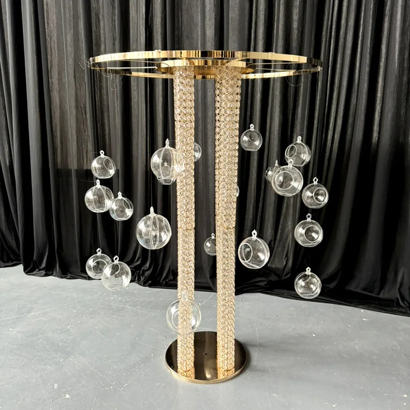 Metal Flower Stand Centerpiece With Hanging Balls Round Gold Wedding Table Centerpiece For Wedding Decoration