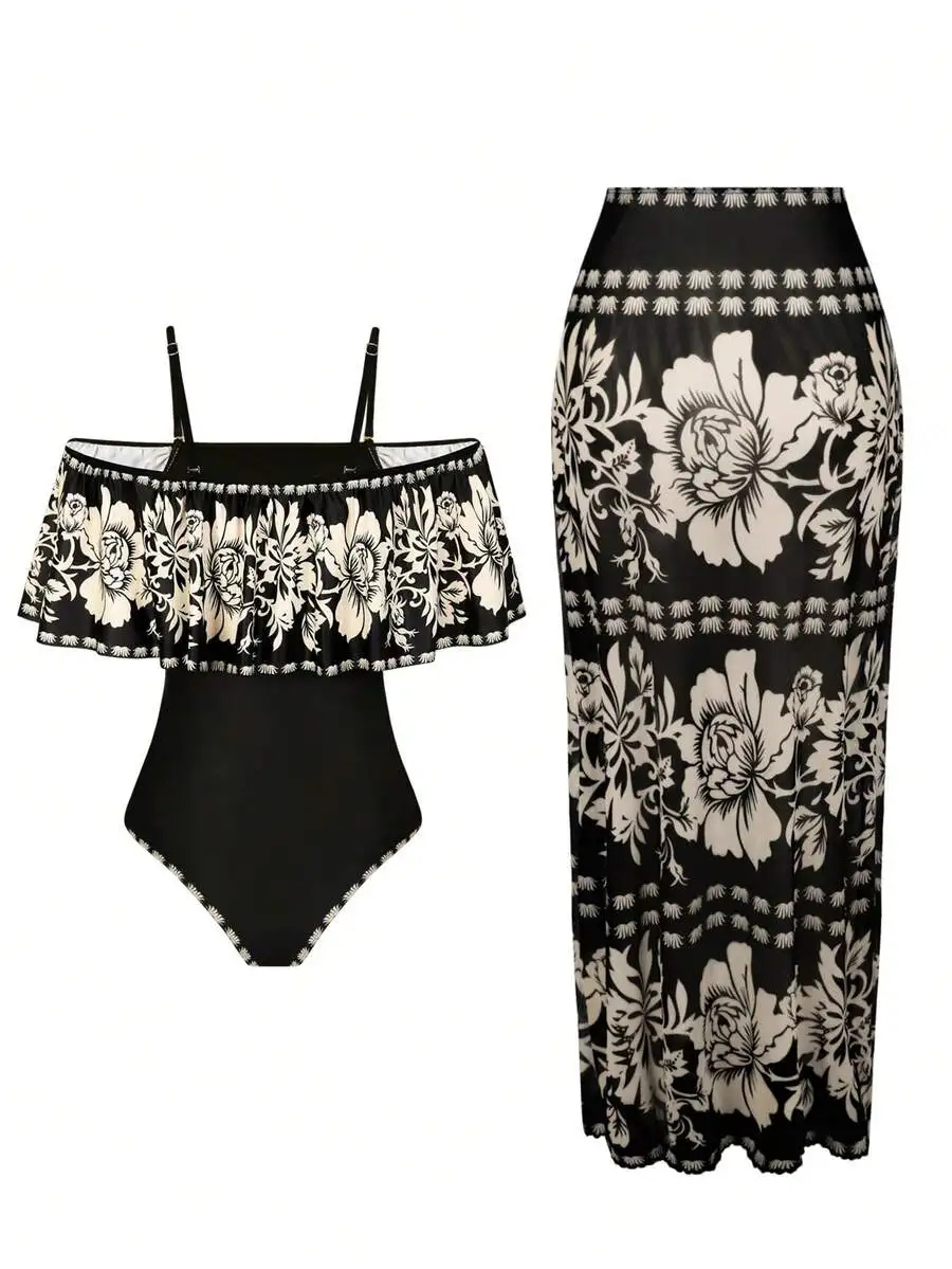 

2pcs Set Summer Floral Print Ruffled One-Piece Swimsuit With Beach Cover-Up Skirt