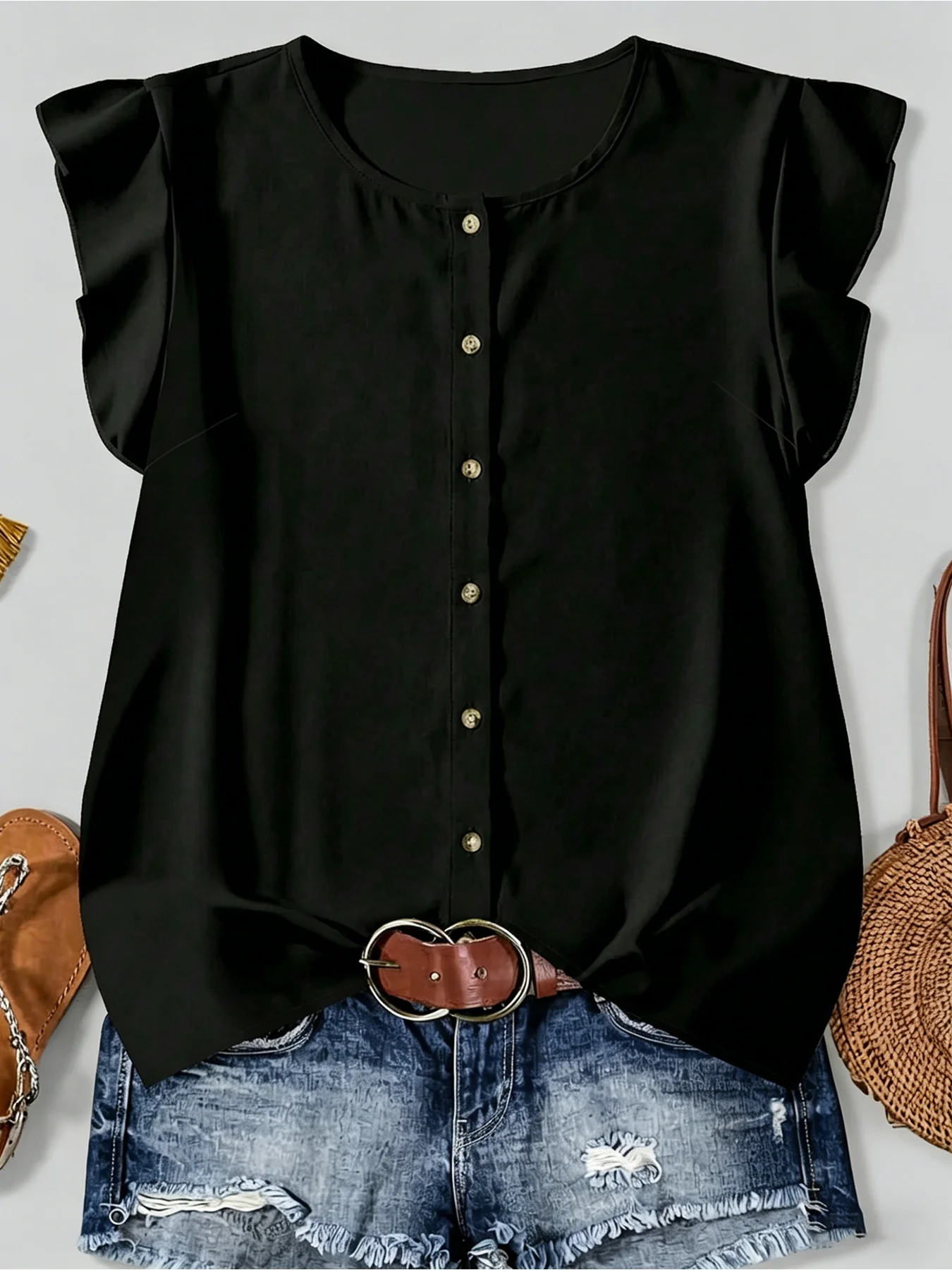 

Summer European and American style women's pure black slimming round neck lotus leaf flying sleeve short sleeved plus size top