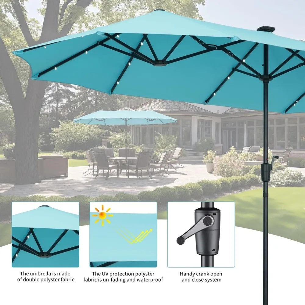 13 FT Rectangular Patio Umbrella with 36 Solar Powered LED Lights Ultimate Sun Protection & Easy Crank for Deck, Garden, Pool
