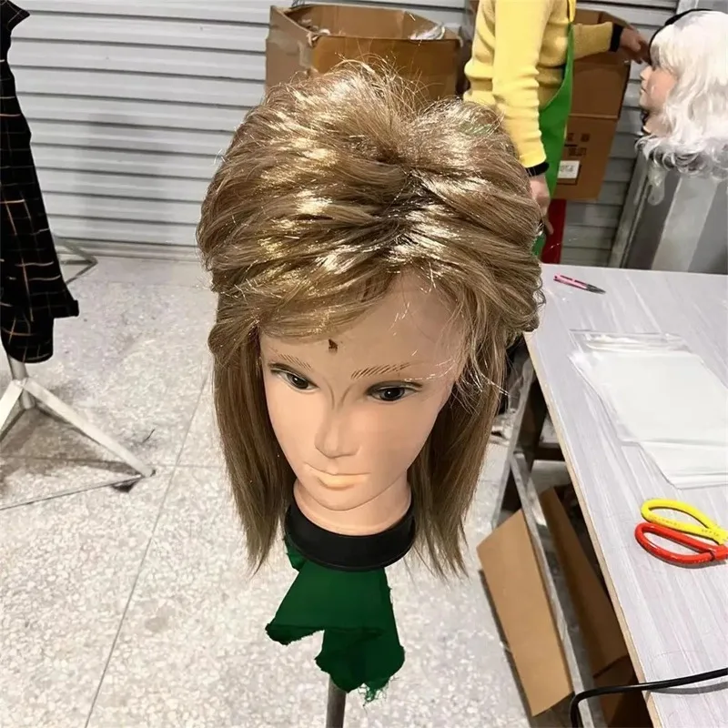 Peruka z mulletem dla mężczyzn z lat 80., brązowe długie proste włosy w stylu hippie rockera z akcesoriami, kostium na Halloween z lat 80. i 90., pełna peruka na całą głowę.