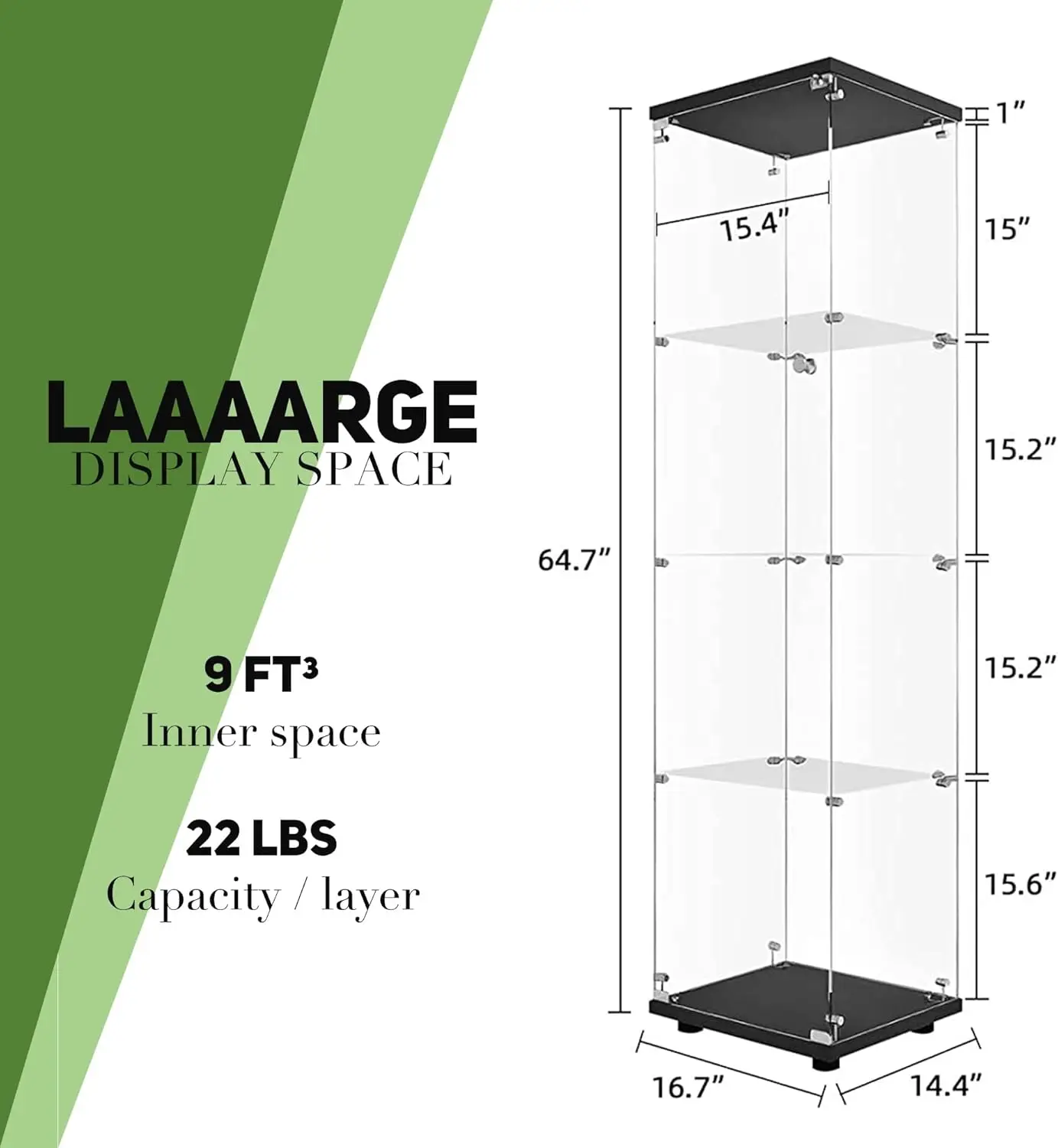 Display Cabinet with 4 Shelves, Curio Cabinets for Living Room, Bedroom, Office, Black Floor Standing Glass Books