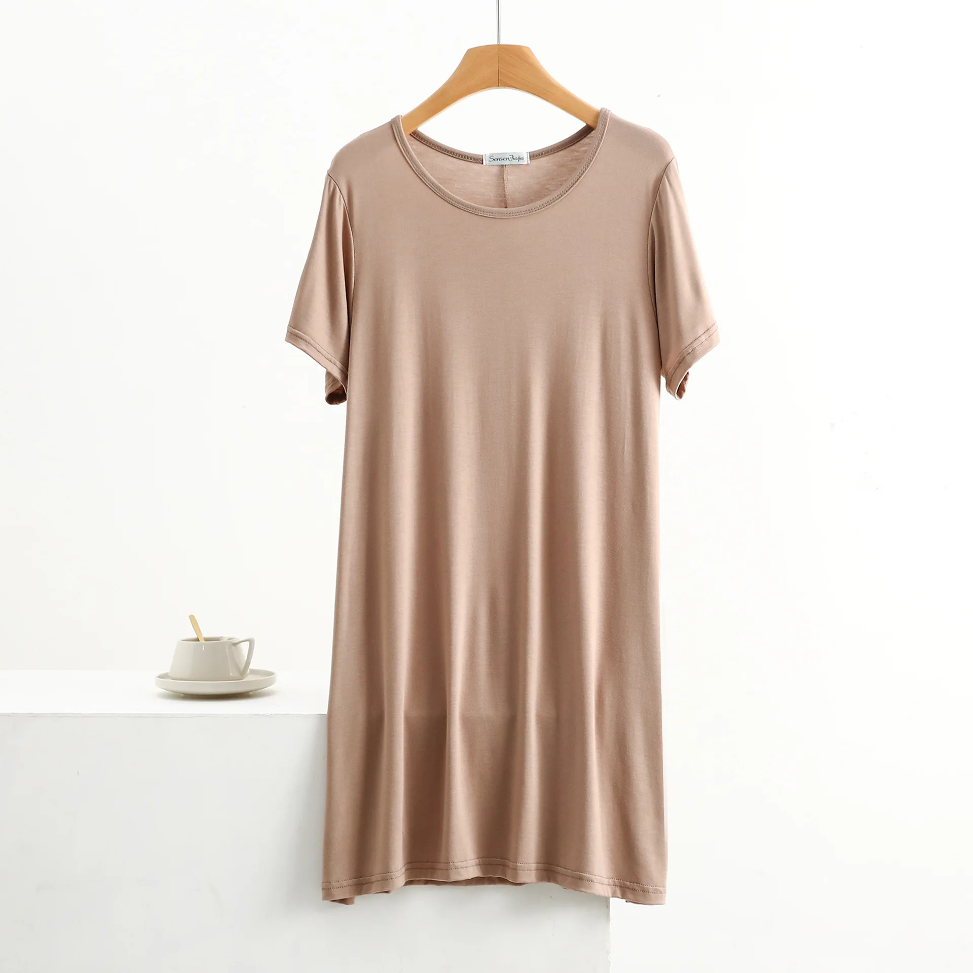 Summer women\'s dress O Neck short sleeves Casual Loose Tshirt dresses solid color Plus size sleepdress homewear