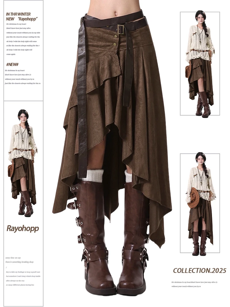 Women Goblin Core Irregular Abi Y2k Midi Skirt Harajuku Japanese 2000s Grunge E-girl Tide Kpop Maillard Cyber Punk Design Goth