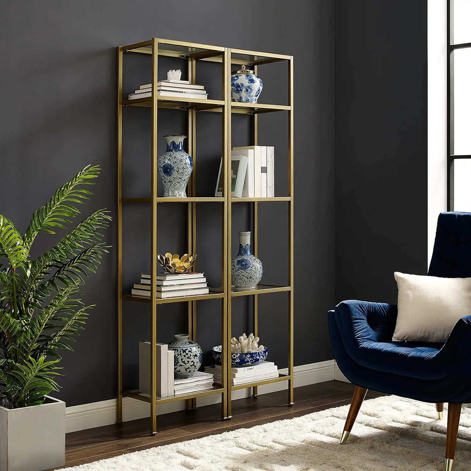 2 piece bookcase set glass bookcase, bookcase storage, gold and glassArt Deco inspired design with a soft gold finish